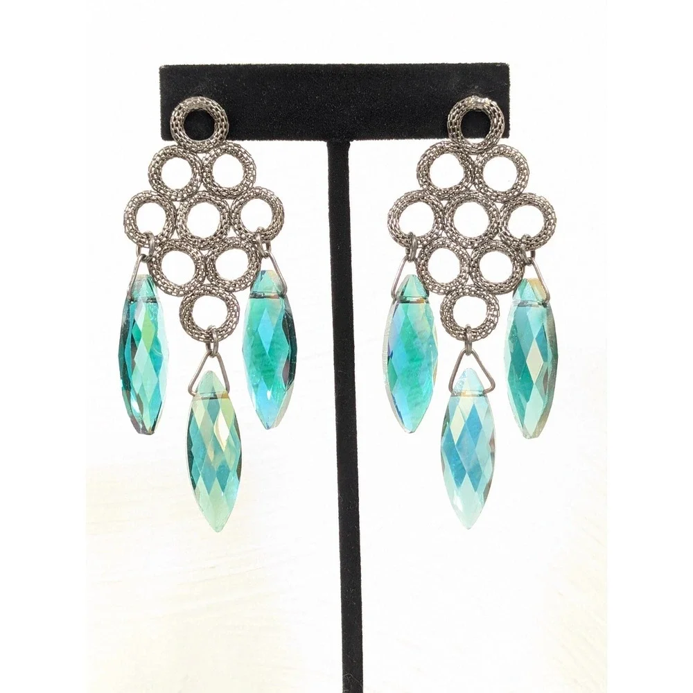 Gunmetal Mesh Chain Chandelier Earrings Green AB Crystal‎ Dangle